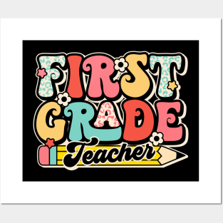 Retro First Grade Teacher Flower Back To School For Boys Girl Posters and Art